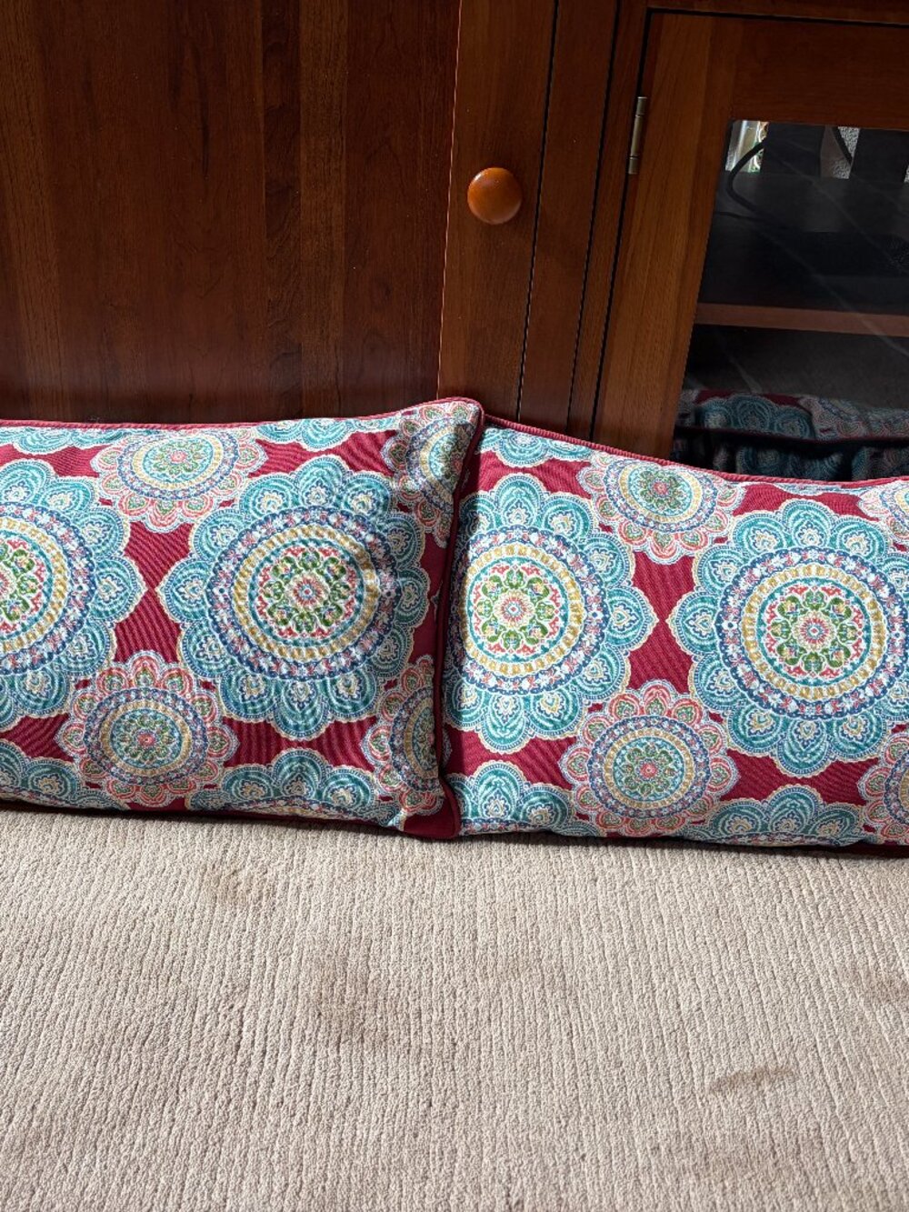 Lumbar Pillows (set of 2) 23"x13.5". Red and turquoise.  Piping around the edges